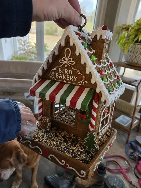 Family preparing a gingerbread bakery feeder with birdseed