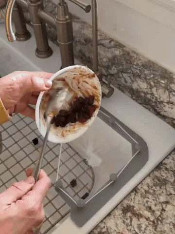 Mesh sink strainer demonstrated in a kitchen sink