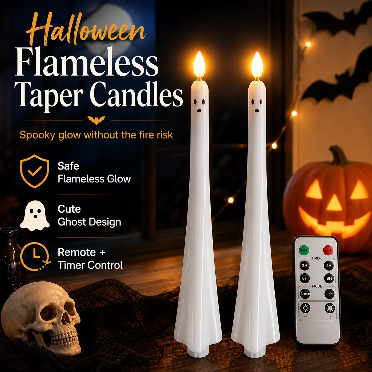 Two white ghost taper candles with a remote in a Halloween display