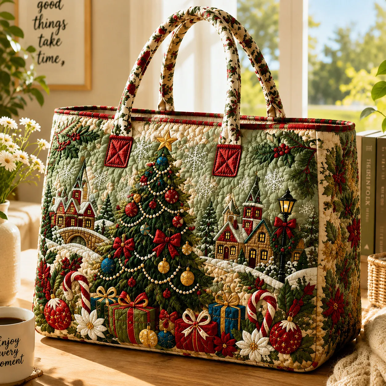 Green quilted Christmas village tote with padded floral handles