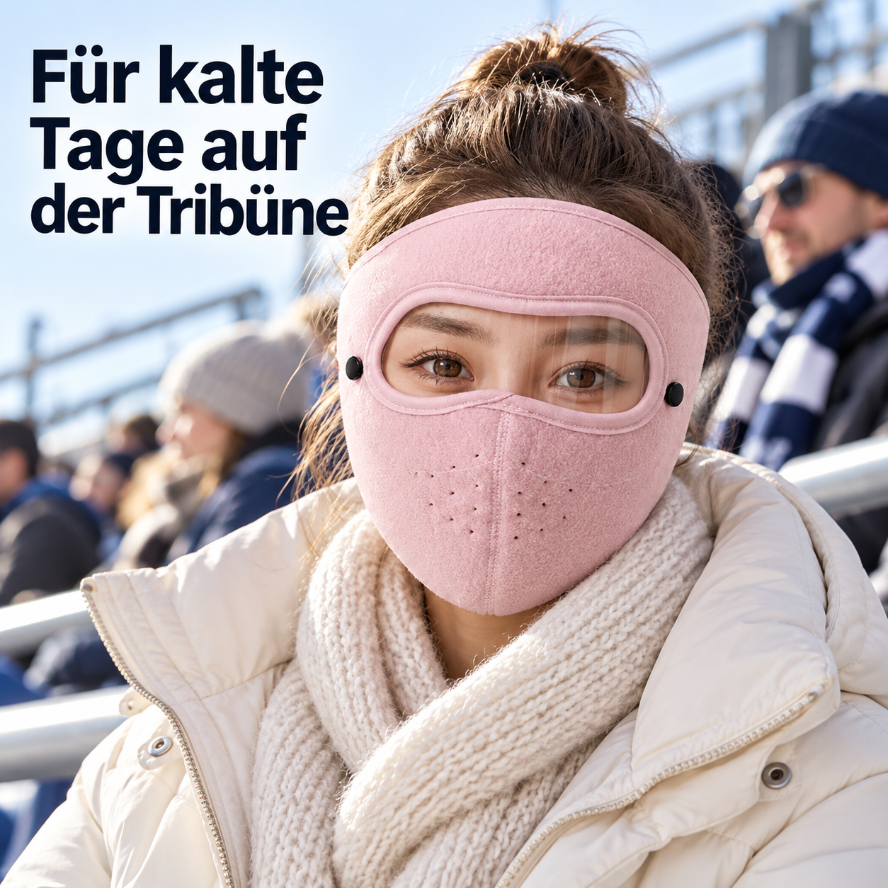 Rosa Maske mit Schutzbrille: Am Spielfeldrand