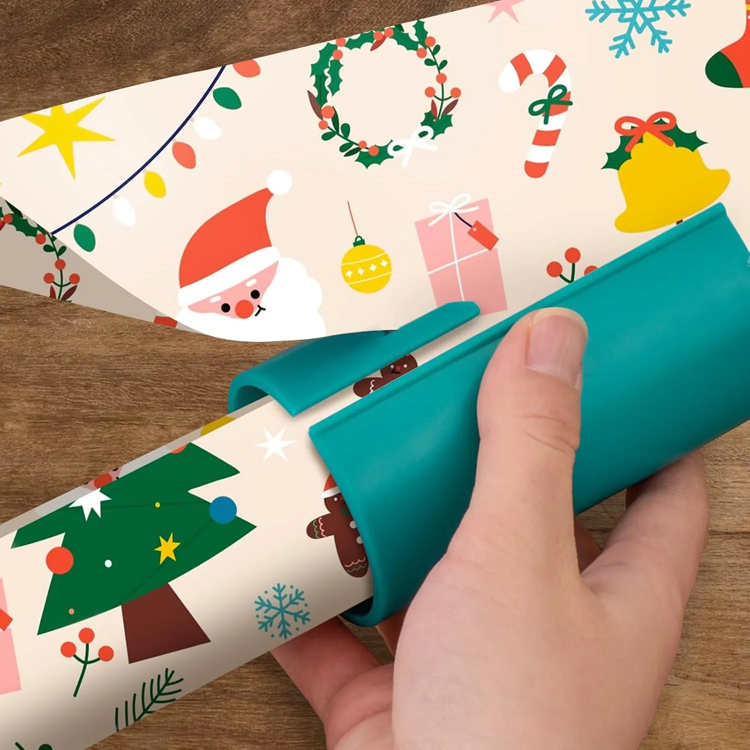 Paper feeding through the teal cutter's long opening during a cut