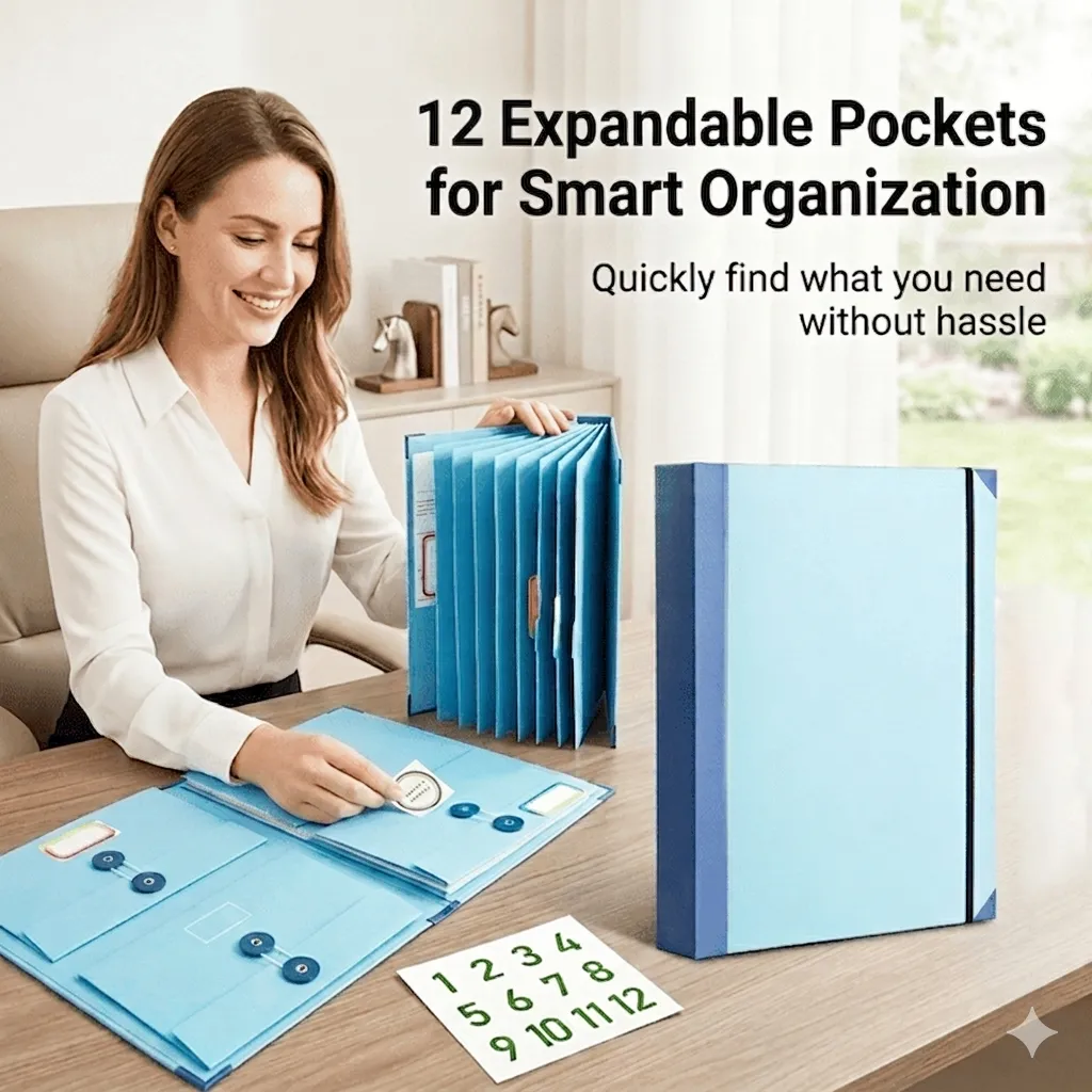 Close-up of expandable pockets with documents