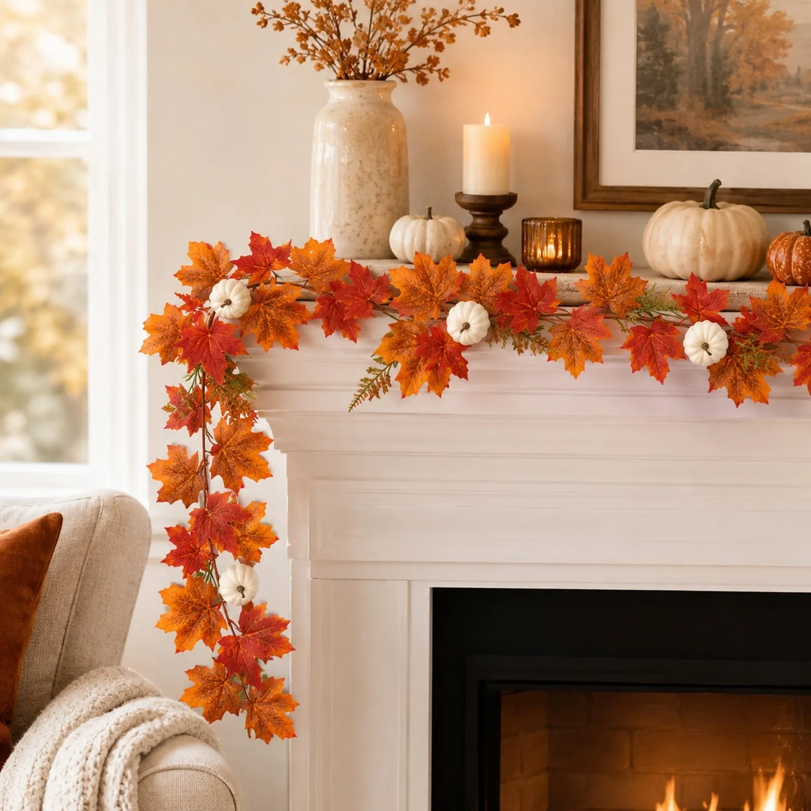 Artificial fall maple leaf garland with white pumpkins styled on a mantel