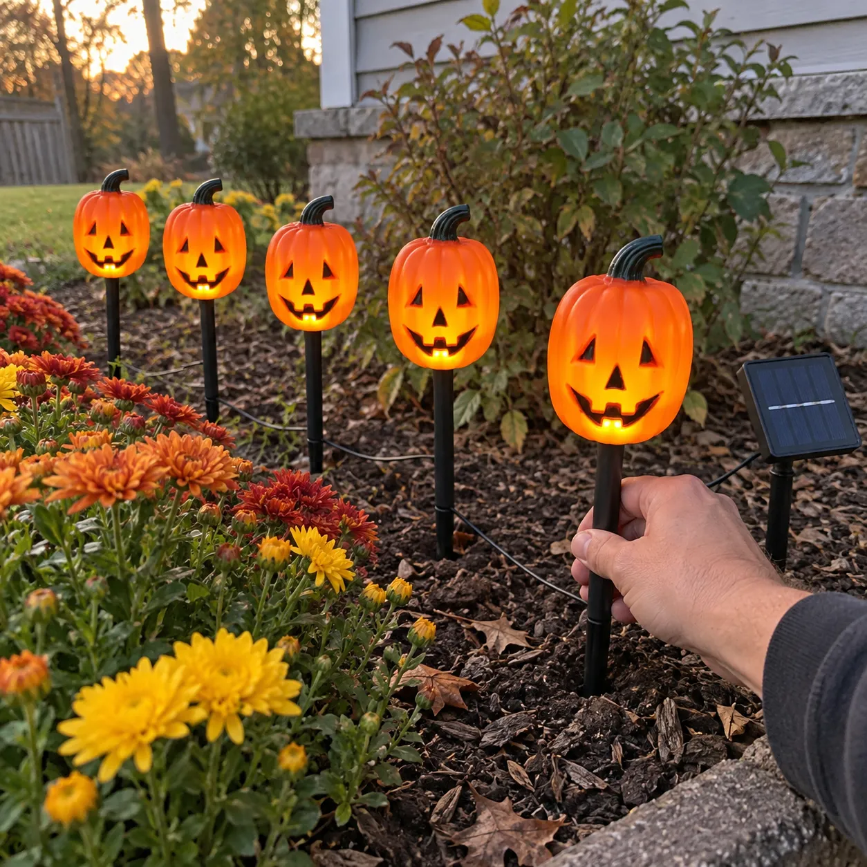 Hands placing the connected pumpkin stakes in a garden bed