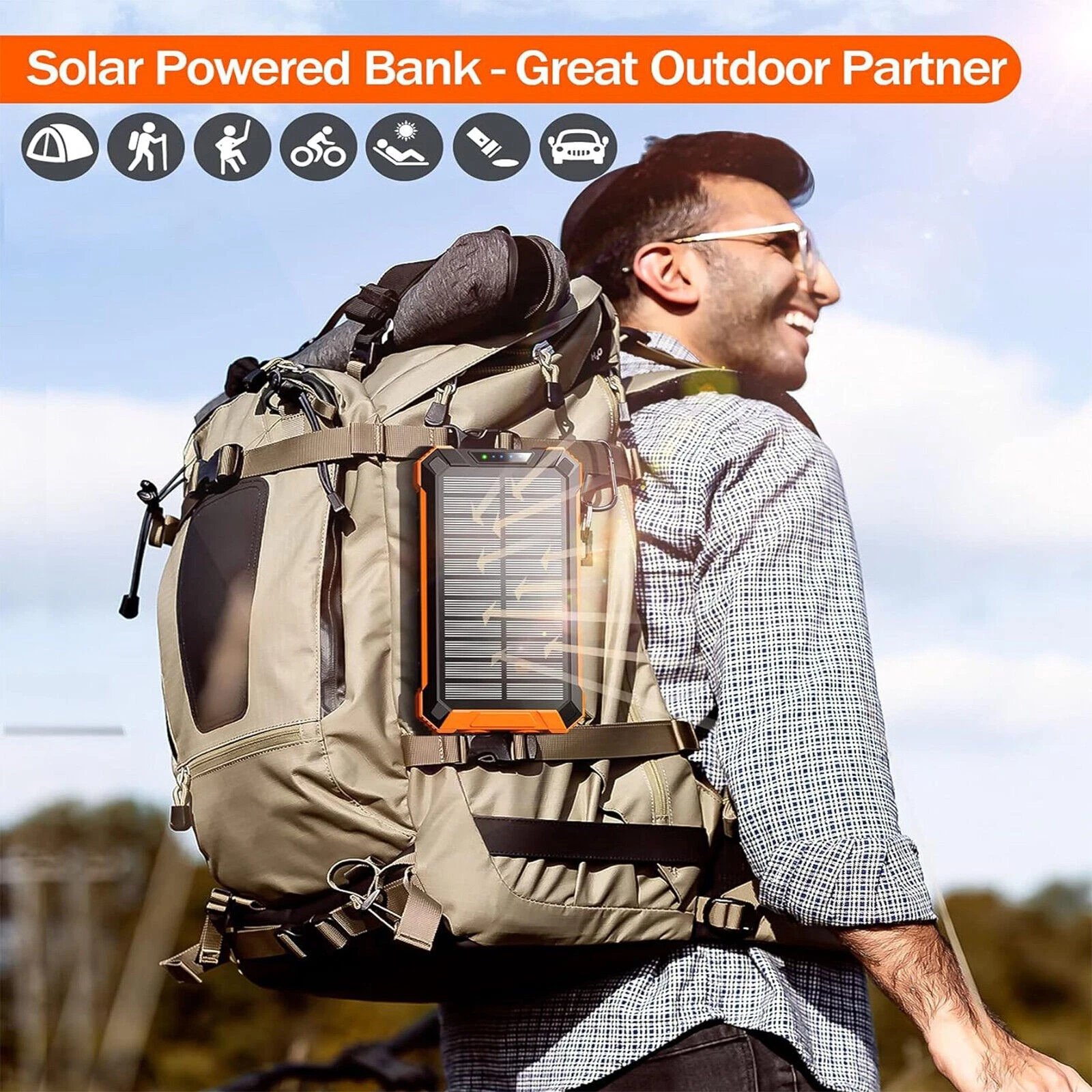 Solar-Powerbank mit kabellosem Laden für unterwegs