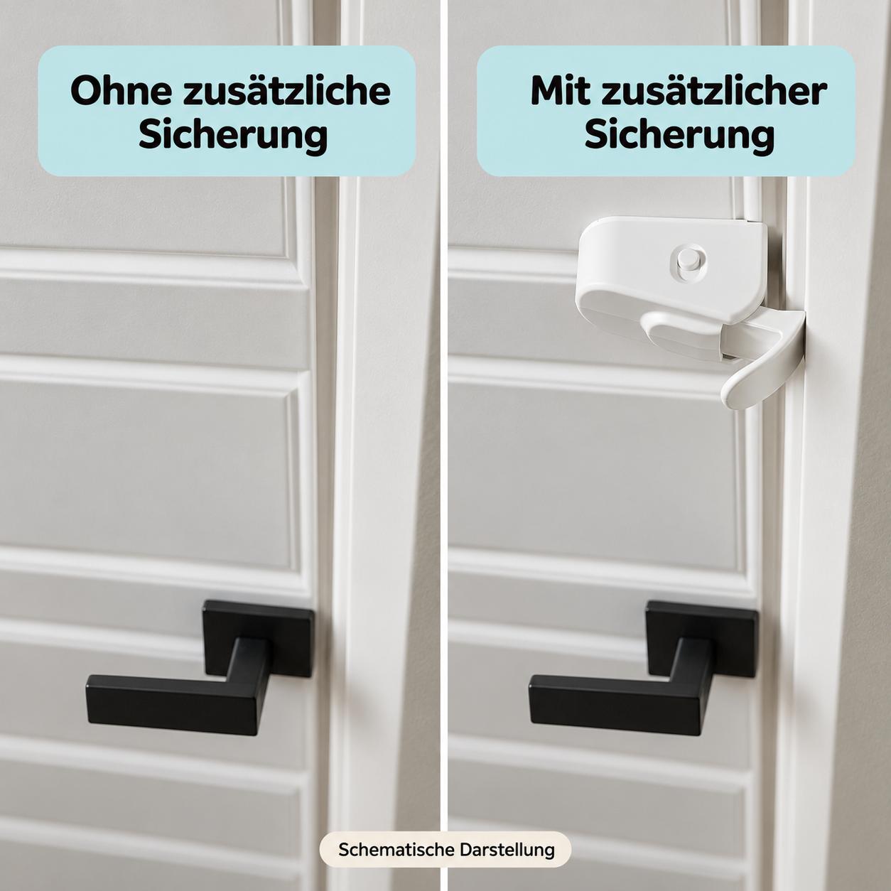 Schematischer Vergleich derselben Tür ohne und mit zusätzlicher Kindersicherung