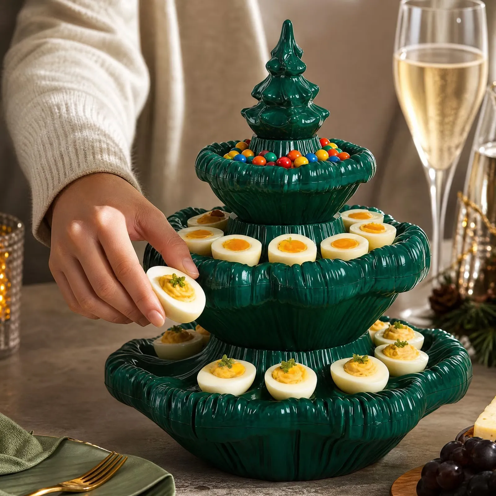 A guest reaching for a deviled egg from the festive tiered platter