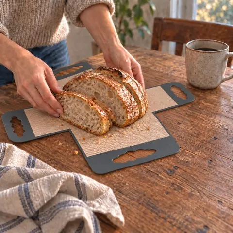 Sliced homemade loaf on the sling at a rustic table