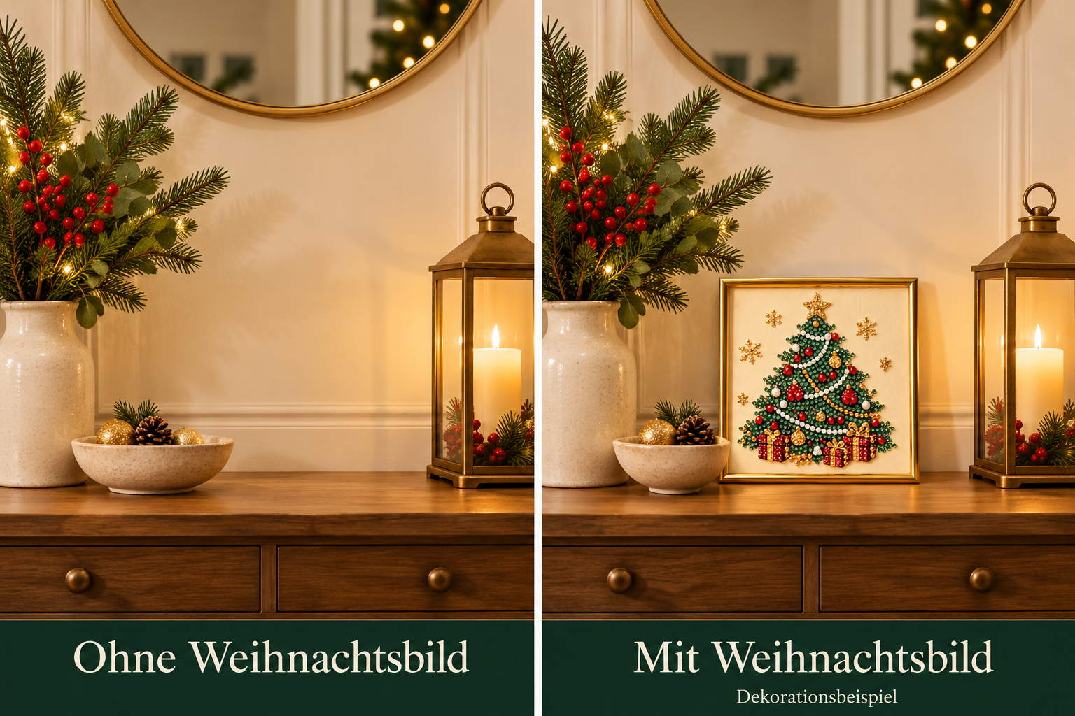 Dekorationsbeispiel: dieselbe Konsole ohne und mit Weihnachtsbild