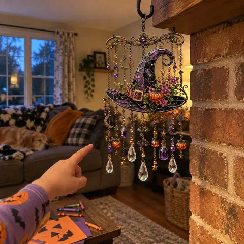 Witch Hat design hanging near a family-room fireplace