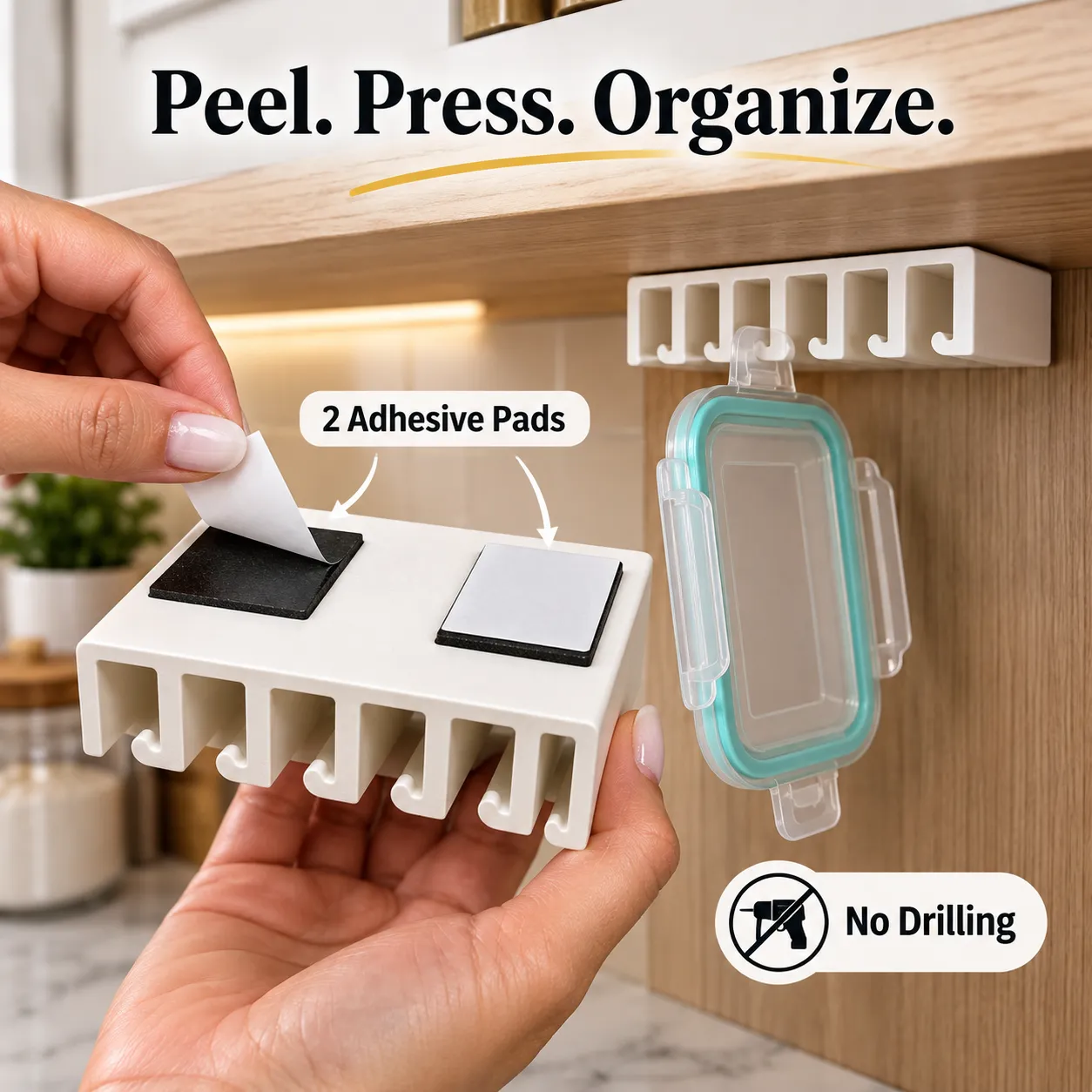 Two adhesive pads on the organizer mounting surface
