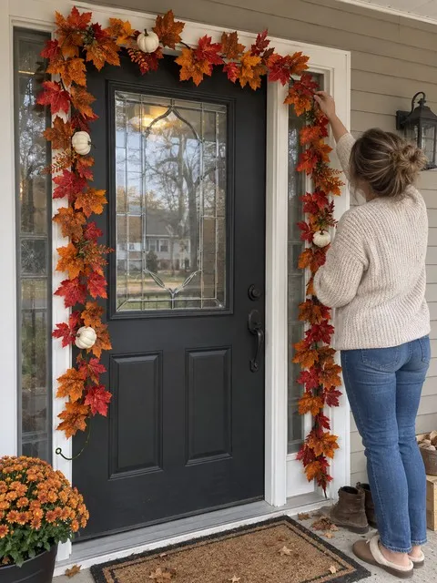 Fall garland arranged around a front door