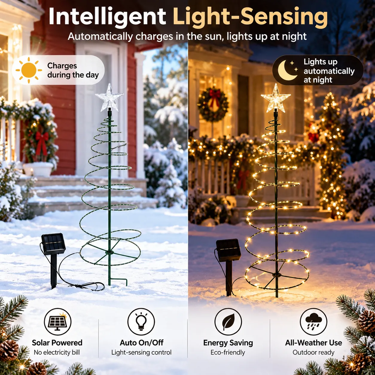 Solar spiral tree light charging during the day and glowing automatically at night