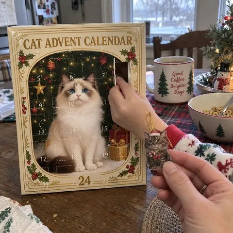 Family opening a cat advent calendar at the breakfast table
