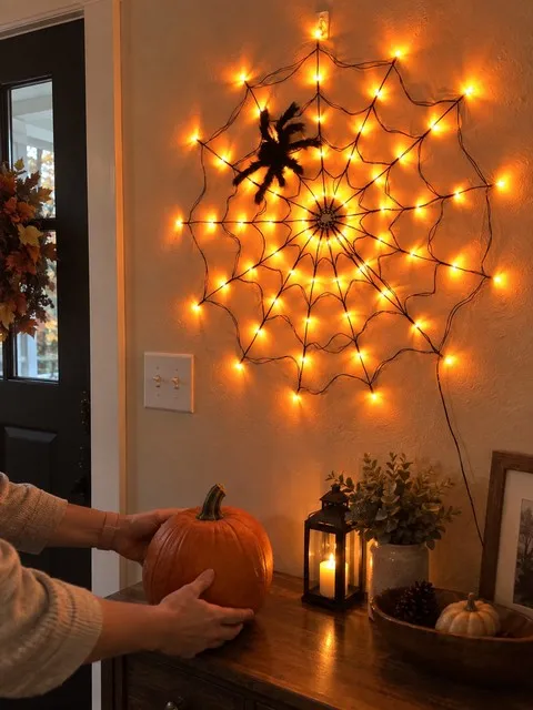 Orange spider web lights above an entryway table