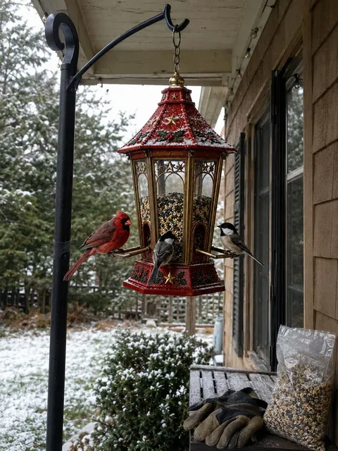 Red lantern feeder hanging on a winter patio with birds