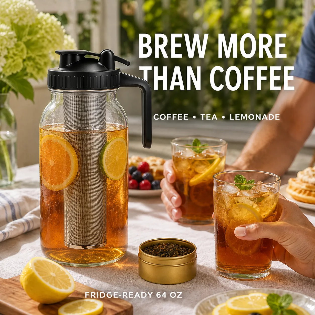 Large glass infusion pitcher served with chilled tea and lemon