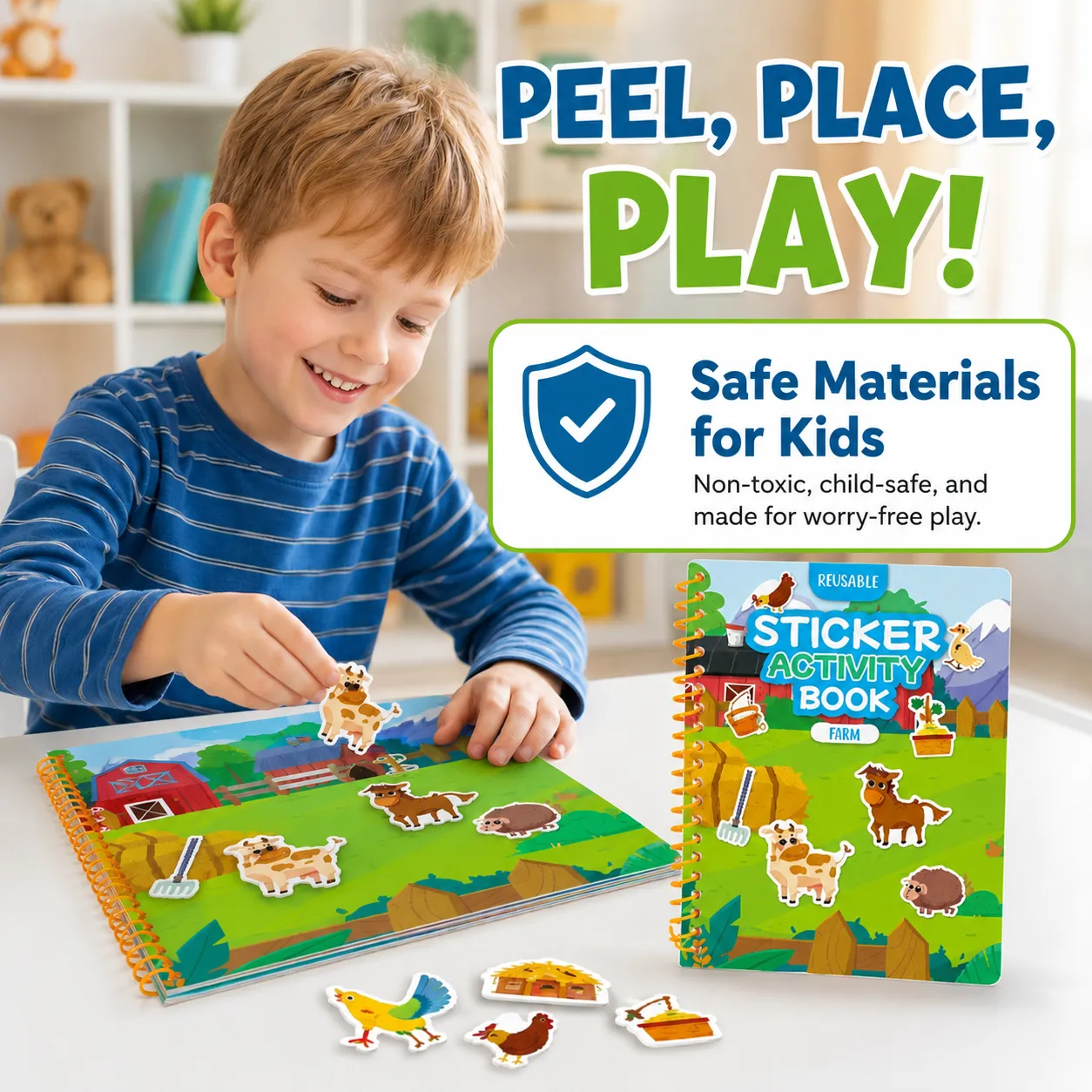 🌟 Reusable Jelly Sticker Activity Book for Kids, Animals/Transportation/Farm/Princesses