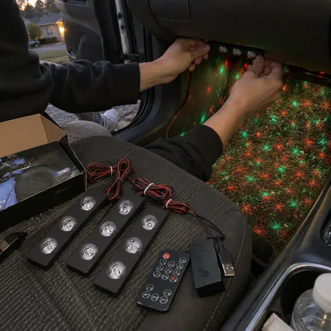 Driver installing a three-lens light bar in a compact car