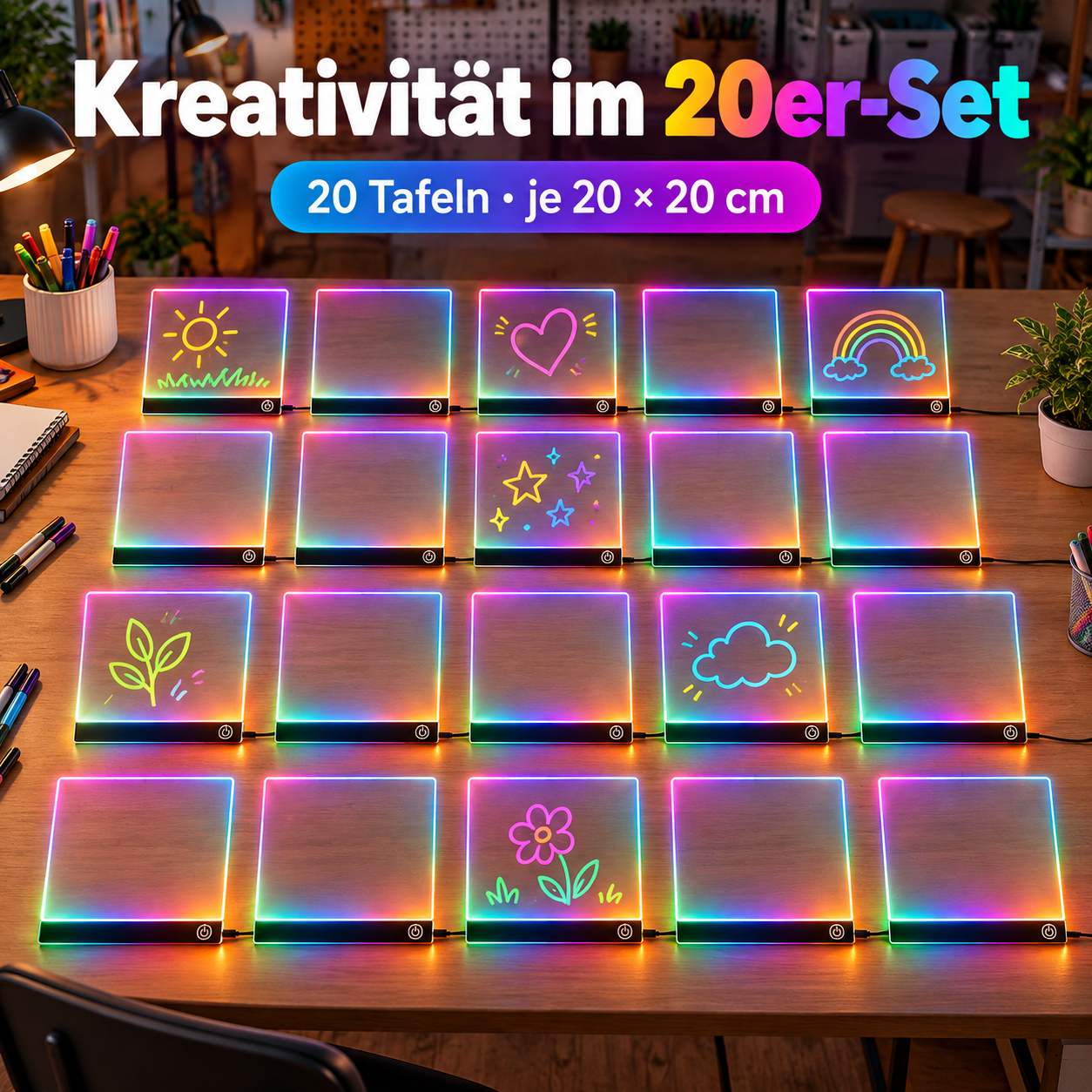 Leuchtende Acryltafeln für kreative Botschaften im 20er-Set