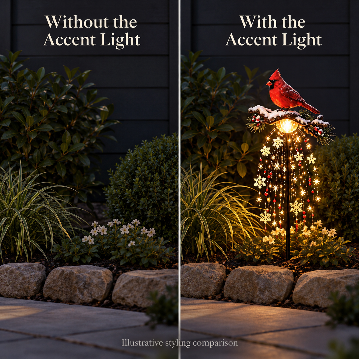 Illustrative comparison of the same garden corner without and with one cardinal accent light