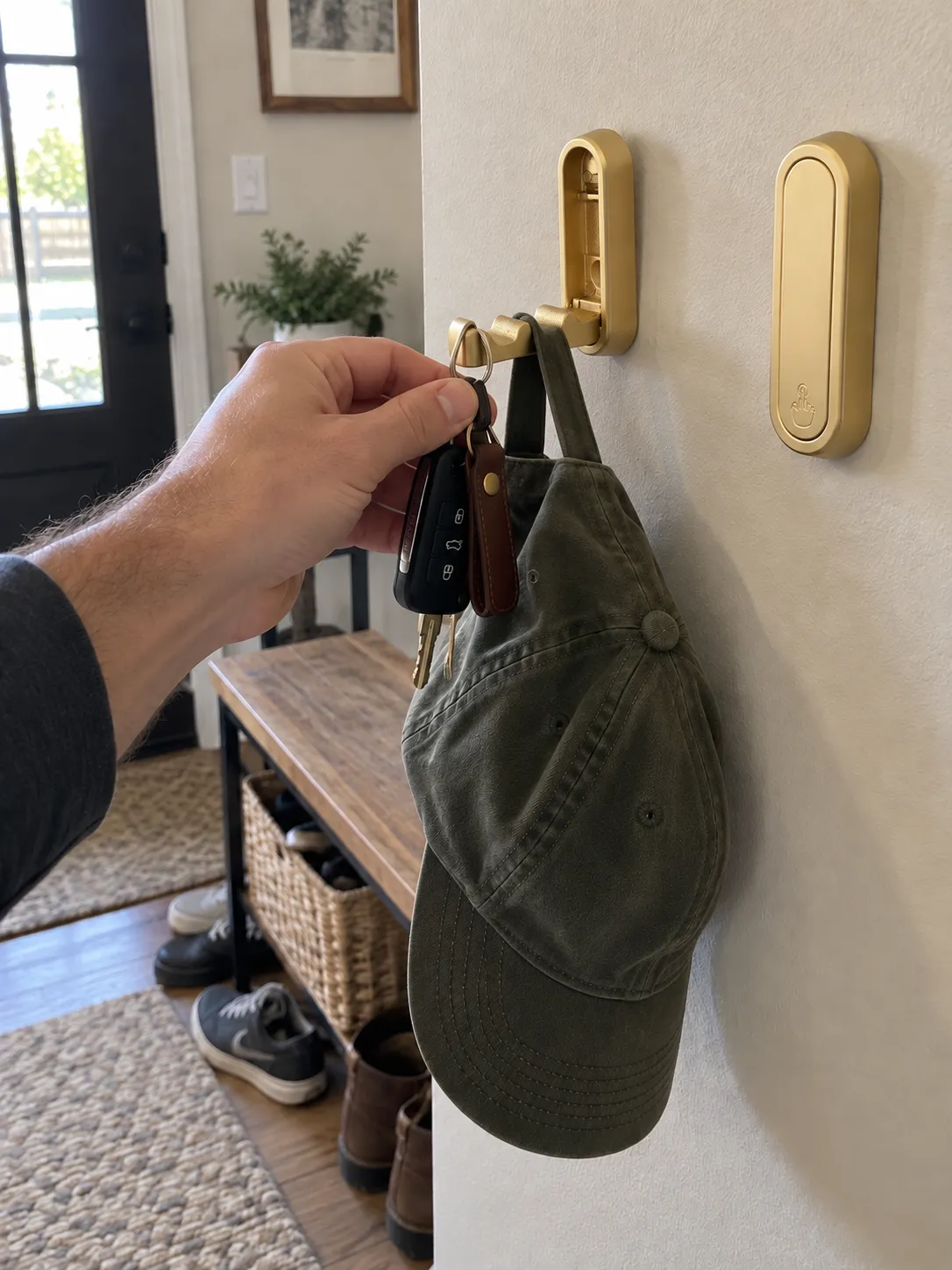 Gold folding hook holding keys and a cap in an entryway