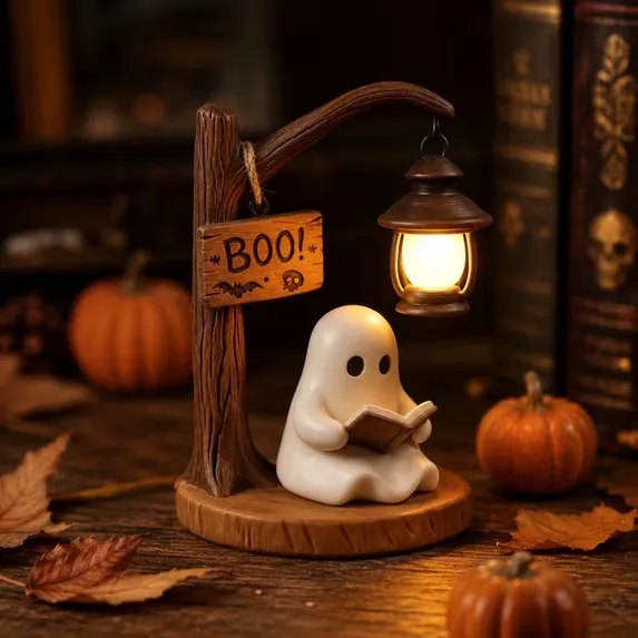 Gemütliche Lese-Laterne mit Geist als Halloween-Tischdekoration