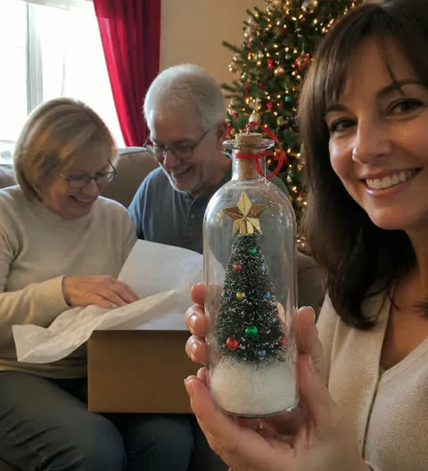 A daughter giving the Christmas tree keepsake to her parents