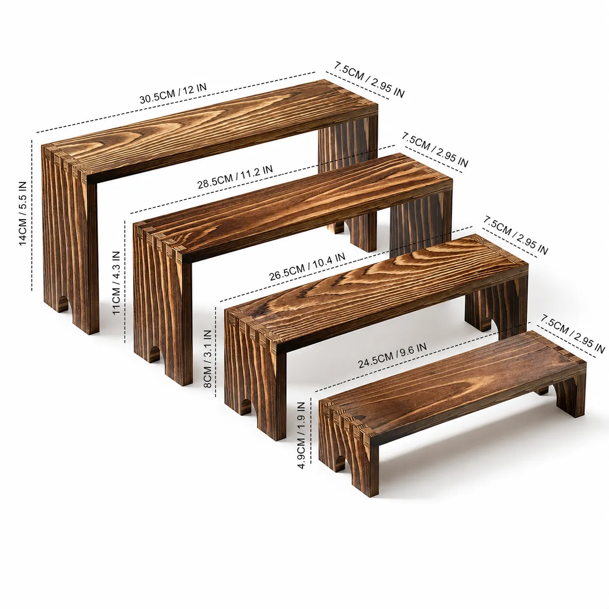 Measurements for all four graduated wooden display risers