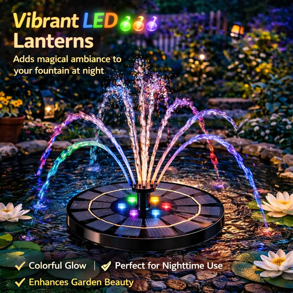 Floating Solar Fountain: Add elegant movement and colorful night lights to your patio using only the sun. 🌟