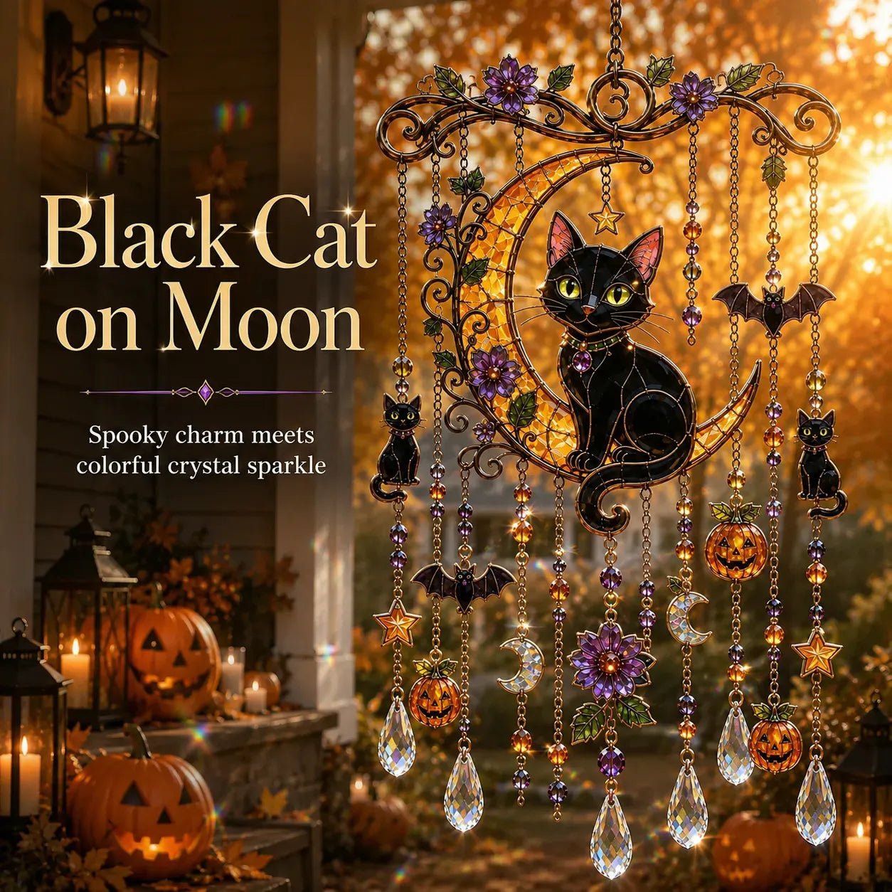 Black Cat Moon suncatcher in an autumn window display