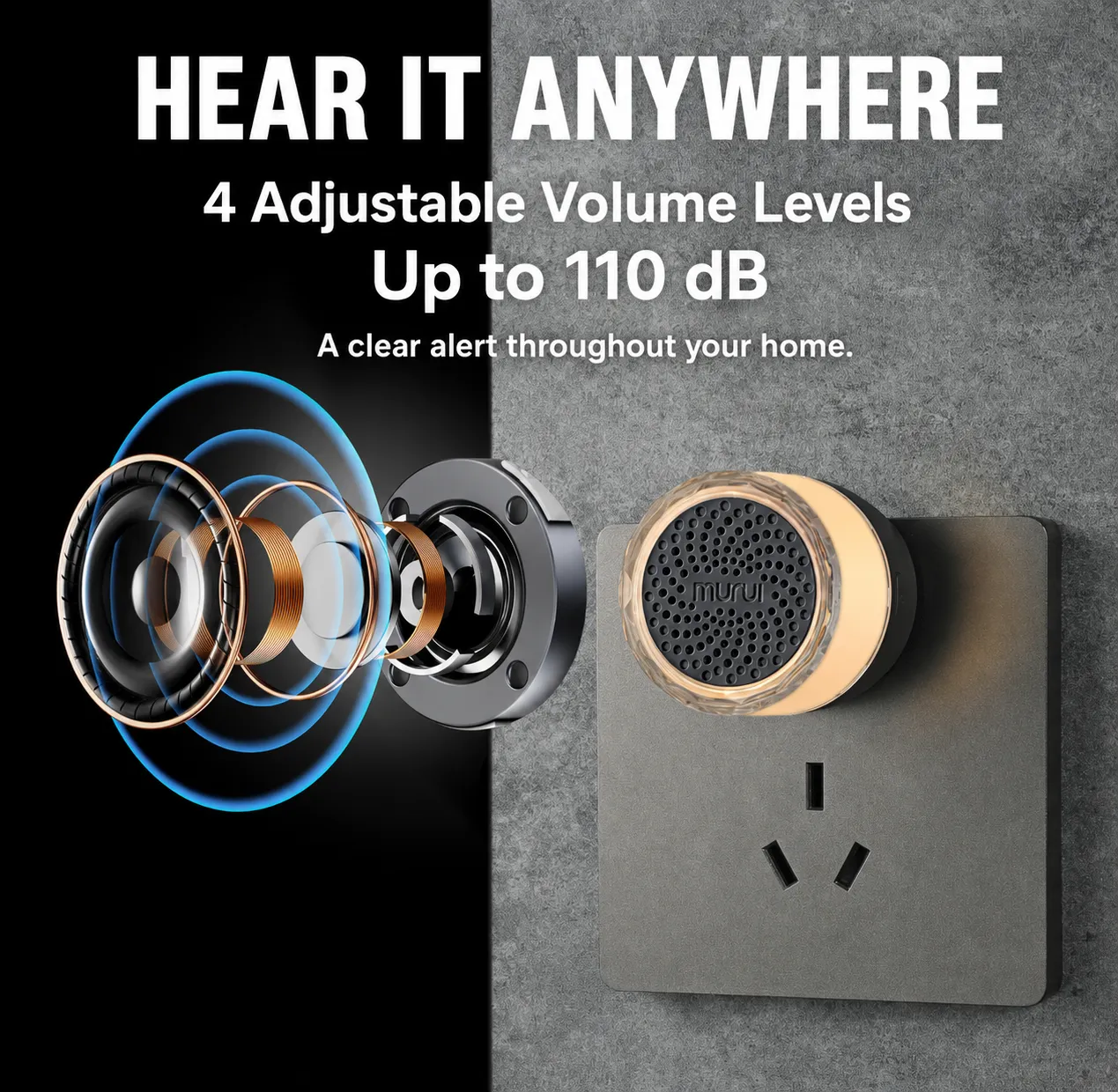 Doorbell chime sound graphic showing four adjustable volume levels up to 110 dB
