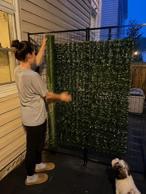 Renter unrolling a deep green ivy screen across a townhouse patio panel