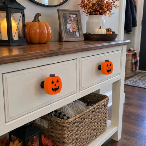 Pumpkin covers decorating an entryway console