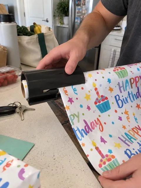 Black wrapping paper cutter used for birthday gift wrap in an apartment