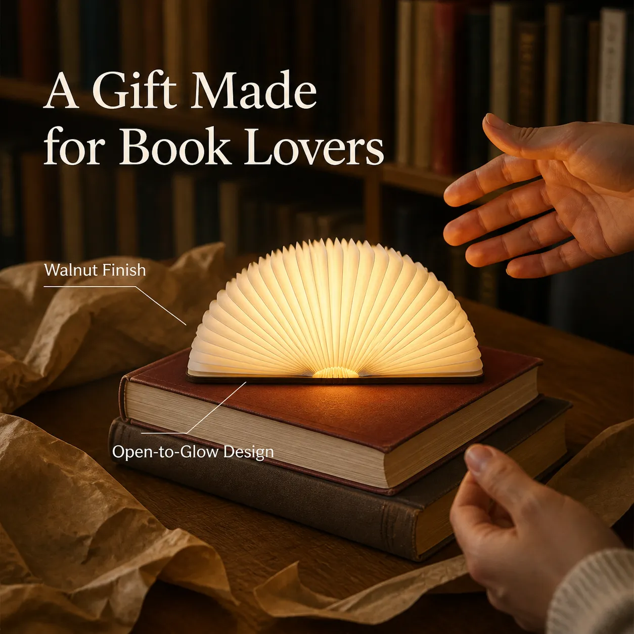 Open-to-Glow Walnut Folding Book Light