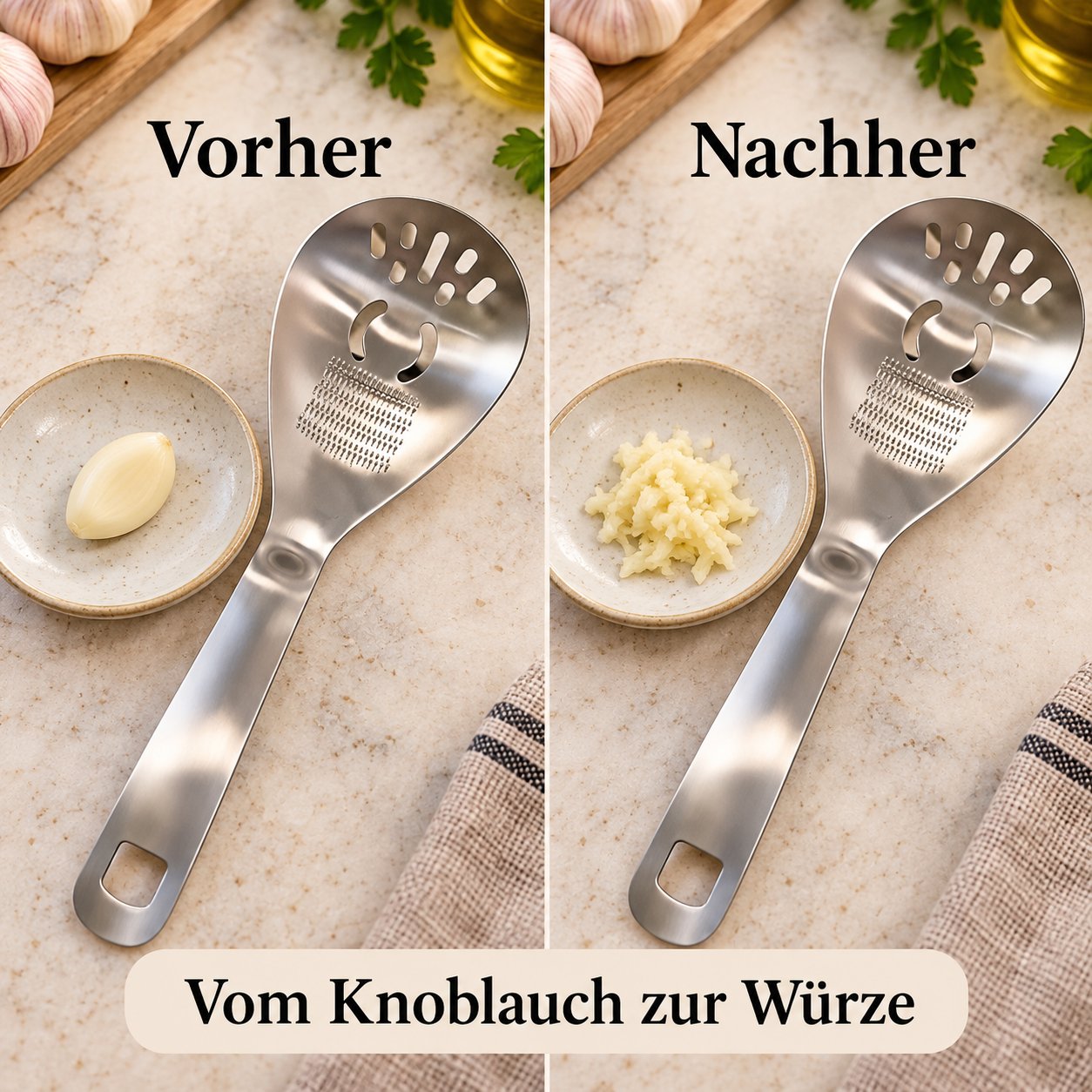 Vorher eine geschälte Knoblauchzehe, nachher geriebener Knoblauch auf demselben Teller