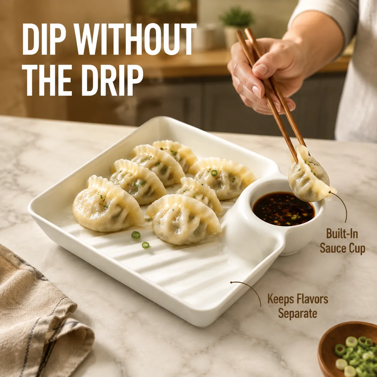 White snack plate serving dumplings with sauce in the built-in cup