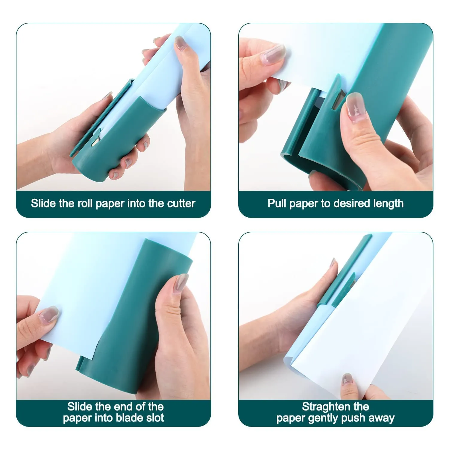 Four illustrated steps for feeding wrapping paper through the cutter and sliding it across the roll