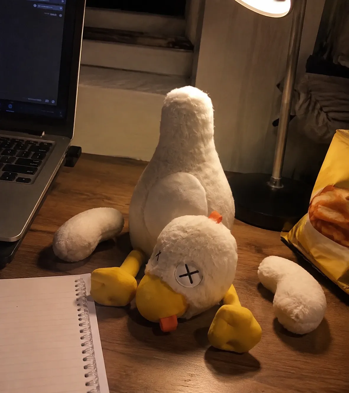 Detachable plush on a lived-in dorm desk