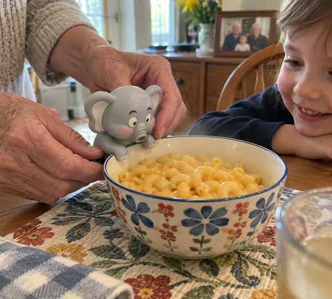 Grandparent placing the elephant fan on a bowl of macaroni