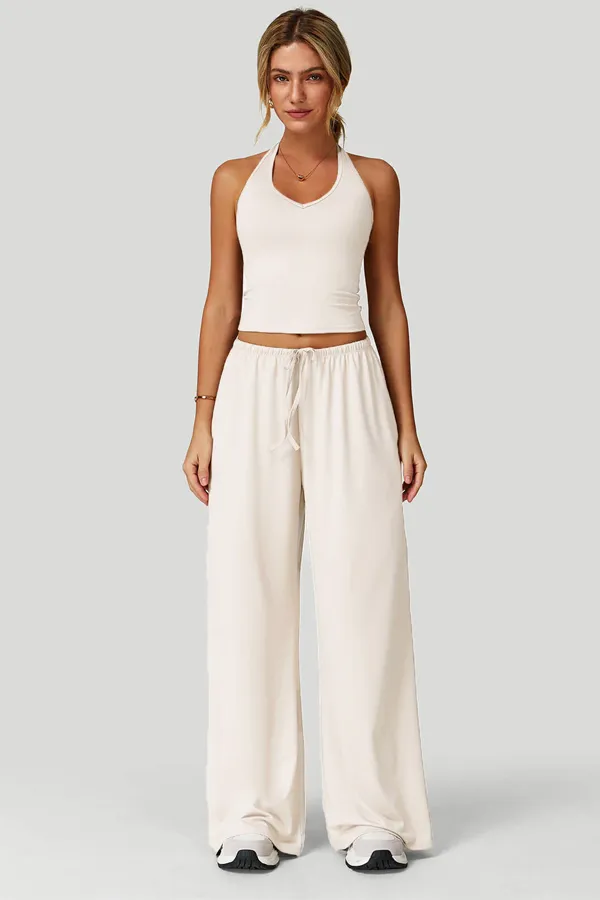 Women's Lightweight "Cloud-Feel" Casual Set — Backless Cropped Top & Wide-Leg Pants