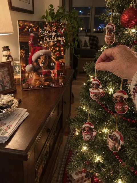 Dachshund ornaments hanging on a family Christmas tree