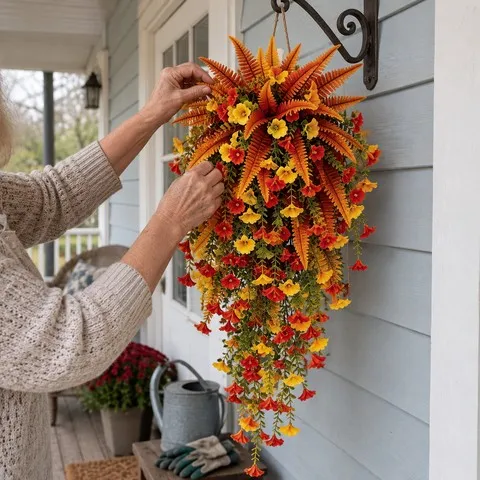 Autumn floral swag being fluffed on a blue covered porch