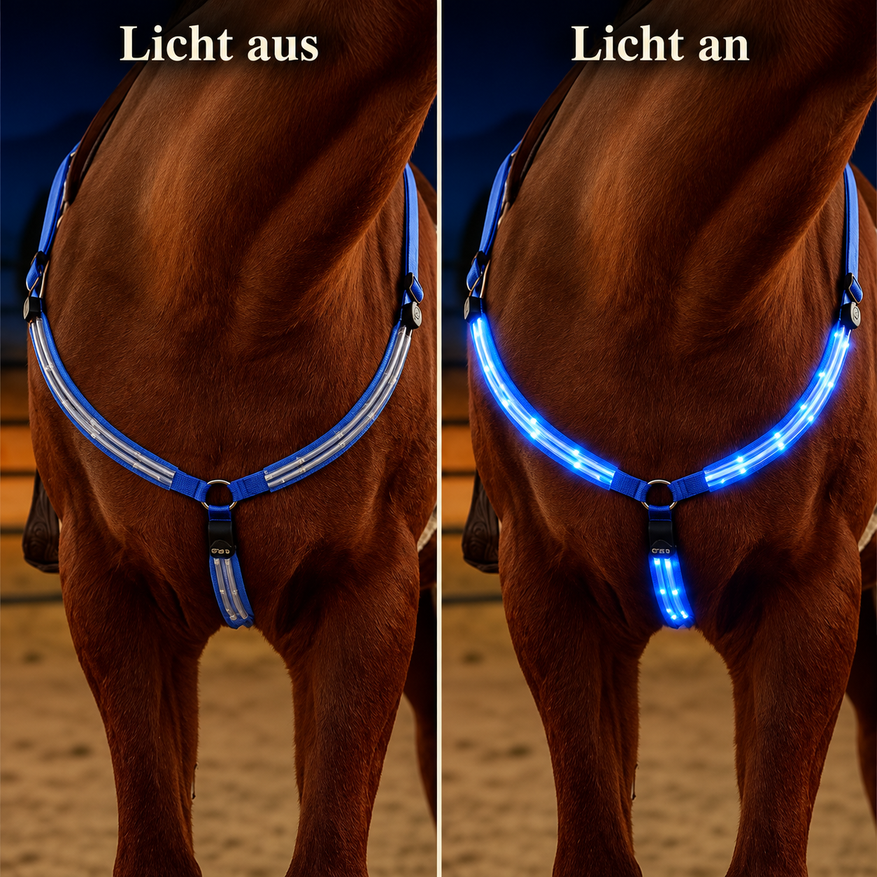 Schematische Gegenüberstellung desselben blauen Vorderzeugs mit ausgeschaltetem und eingeschaltetem Licht