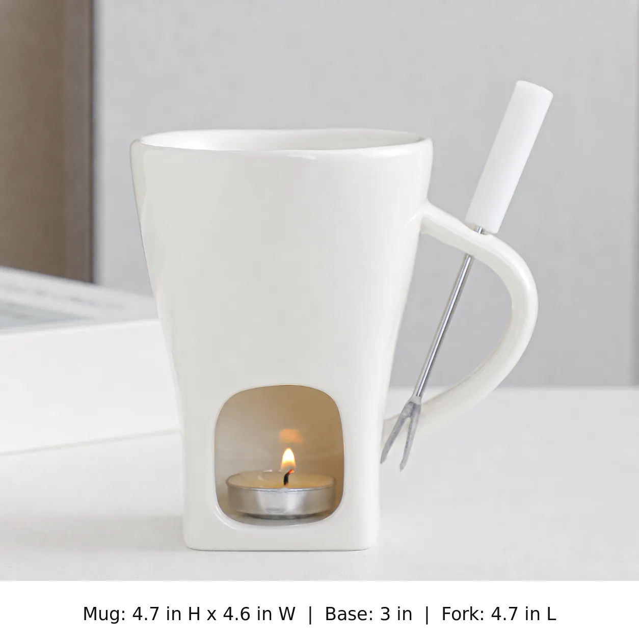 Pure White chocolate fondue mug set with dimensions