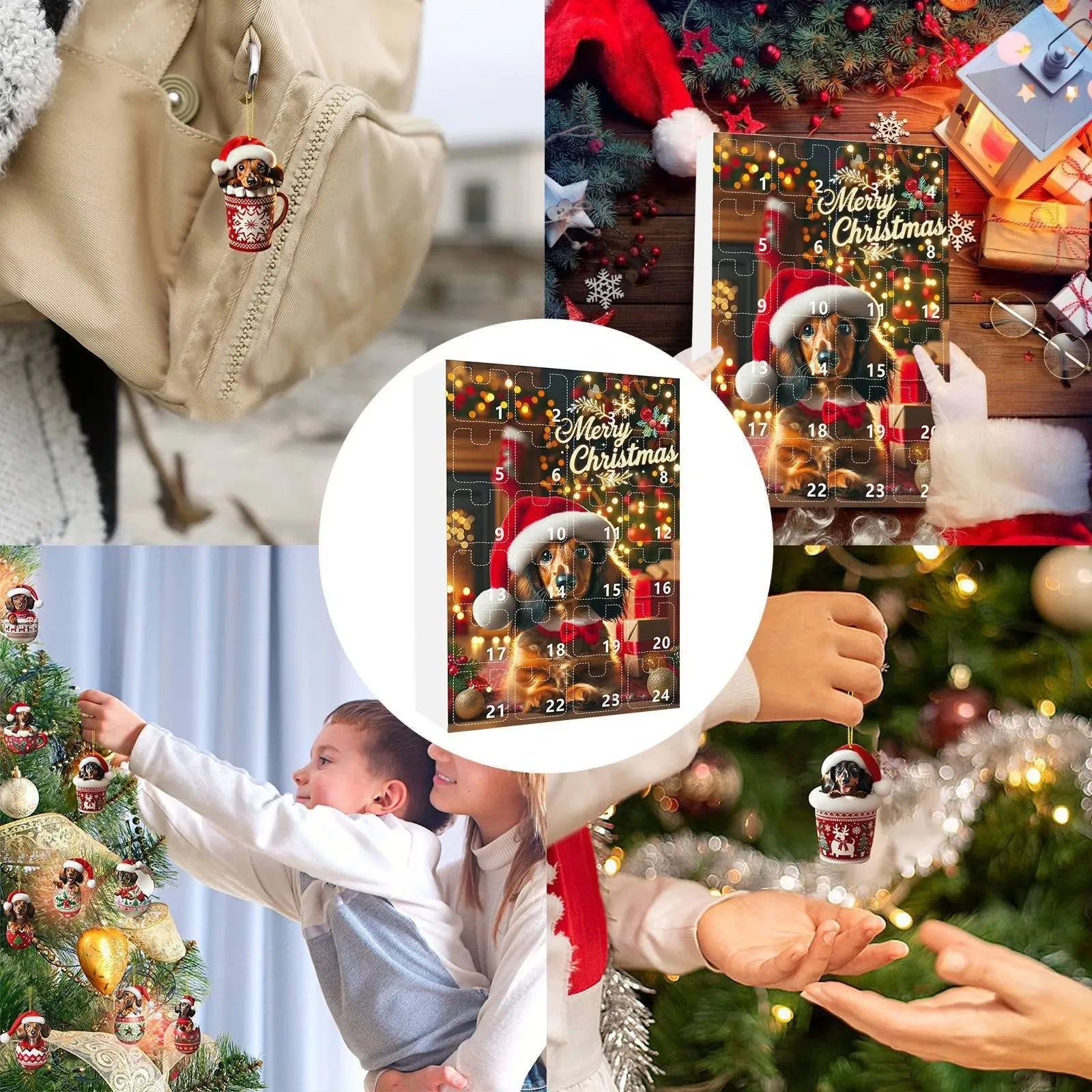 Dog advent calendar ornaments used on a Christmas tree and everyday items