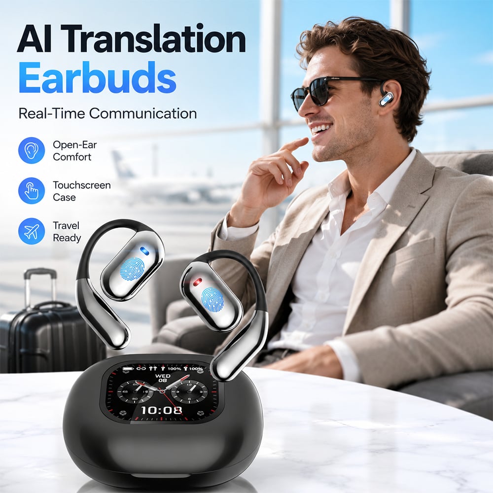 Smarte offene Bluetooth-5.4-Kopfhörer mit KI-Echtzeitübersetzung in 144 Sprachen