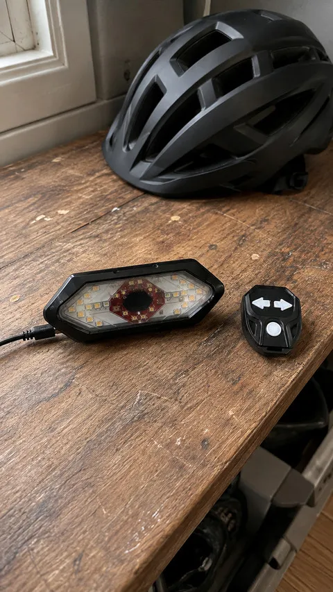 Wireless bike tail light and remote charging on a mudroom bench